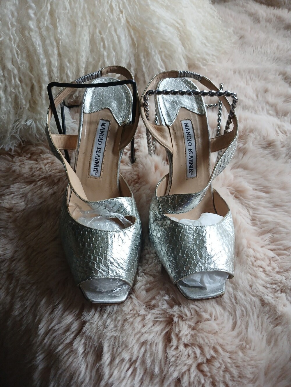 Manolo Blahnik Silver Metallic Snakeskin Peep-Toe Sandals